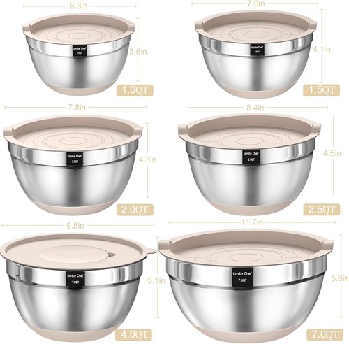 **Regine Switzerland Mixing Bowls Set - 26PCS Stainless Steel with Airtight Lids & Grater Attachments | Non-Slip Bottoms**