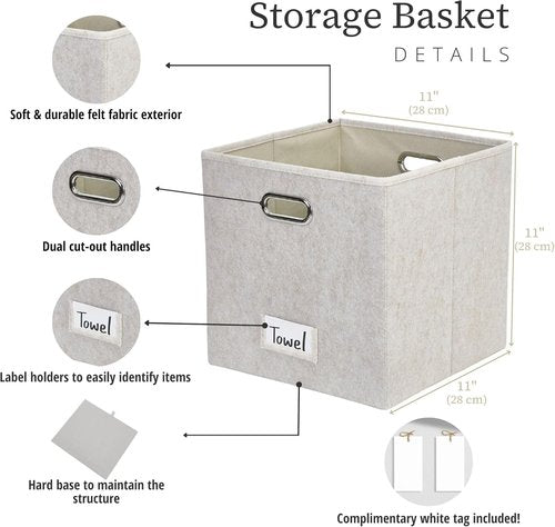 DECOMOMO Felt Storage Bins - 11 Inch Cube Storage Bins with Labels for Kallax Shelves | Beige (Set of 6)