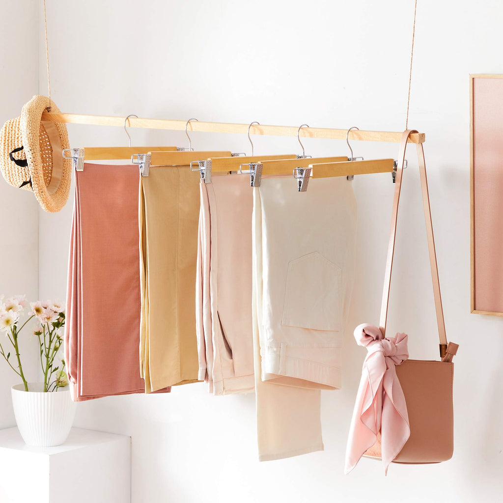 SONGMICS Wooden Pants Hangers 12 Pack, Pants Hangers with Clips, Adjustable Anti-Rust Metal Clips, 360° Swivel Hook, Skirt Hangers for Pant, Skirts, Natural Grain UCRW008-12
