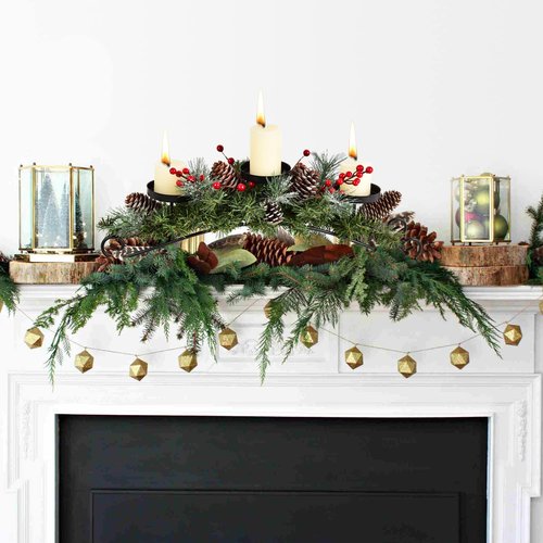 Artiflr 20 Inch Christmas Candle Holder Centerpiece with 3 Candle Holders, Pine Cones, Red Berry Table Accent for Festival Home Decoration
