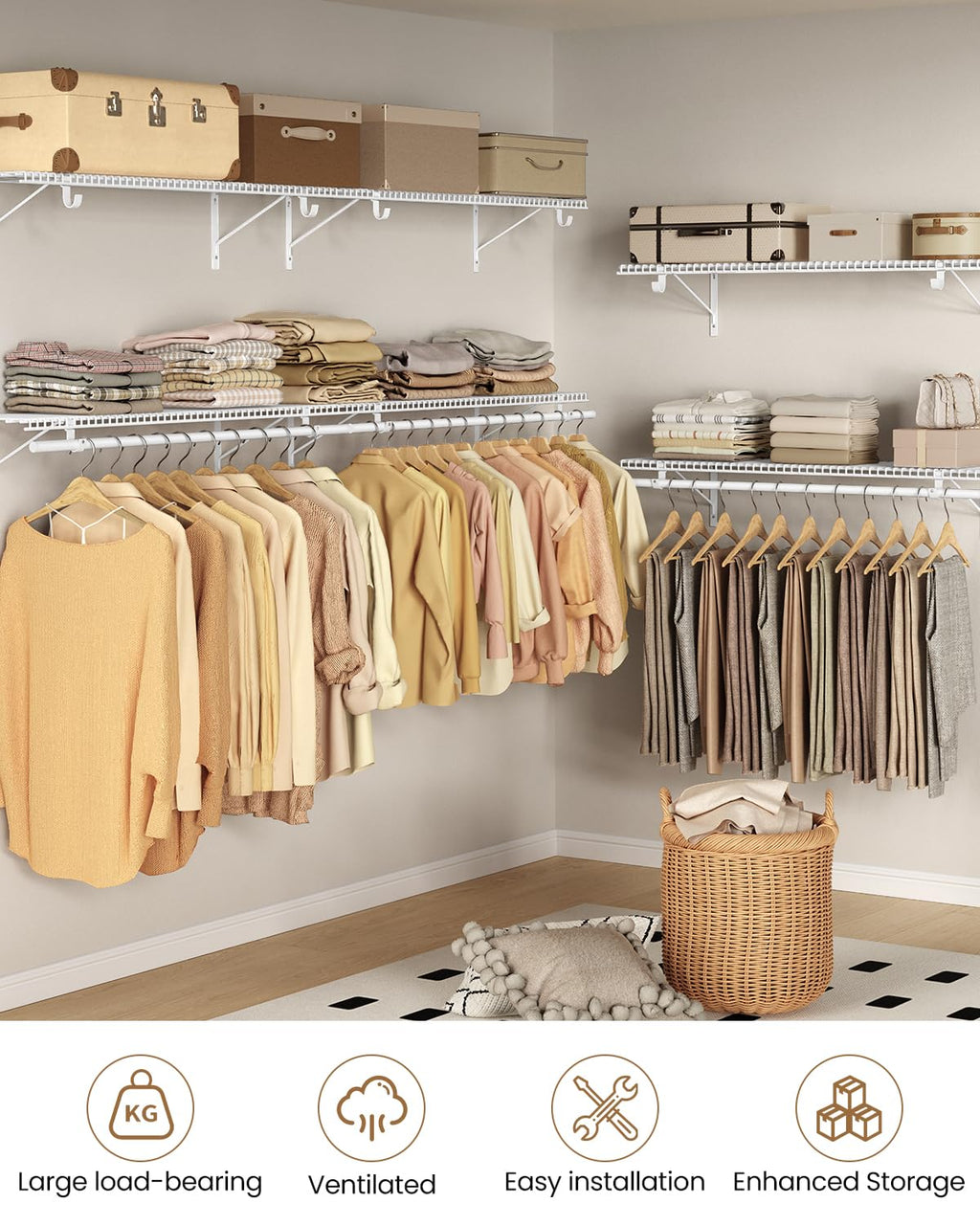 Supforce 2 Pack Closet Shelves with Triangular Brackets and Hanging Rod, 4FT X 12IN Wall Mounted Wire Shelving Orgnizer for Closet,Laundry Room,Pantry,Load Up to 150lb