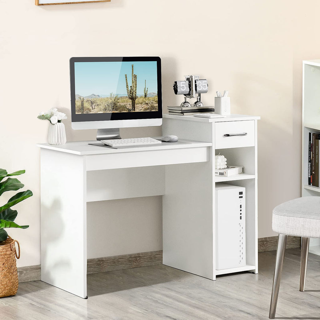 COSTWAY Computer Desk, 40 inch Laptop PC Gaming Table with Drawer, Monitor Stand & Storage Shelf, Modern Simple Study Writing Table for Home & Office, Easy Assembly, White