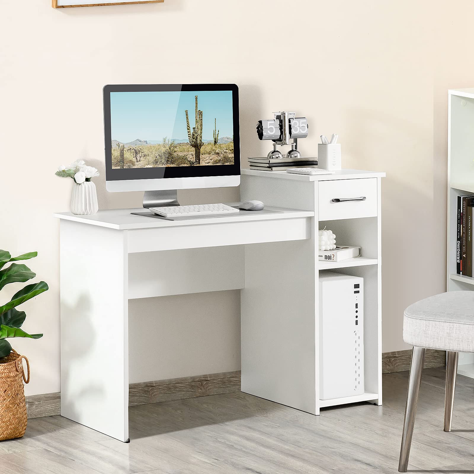COSTWAY Computer Desk, 40 inch Laptop PC Gaming Table with Drawer, Monitor Stand & Storage Shelf, Modern Simple Study Writing Table for Home & Office, Easy Assembly, White