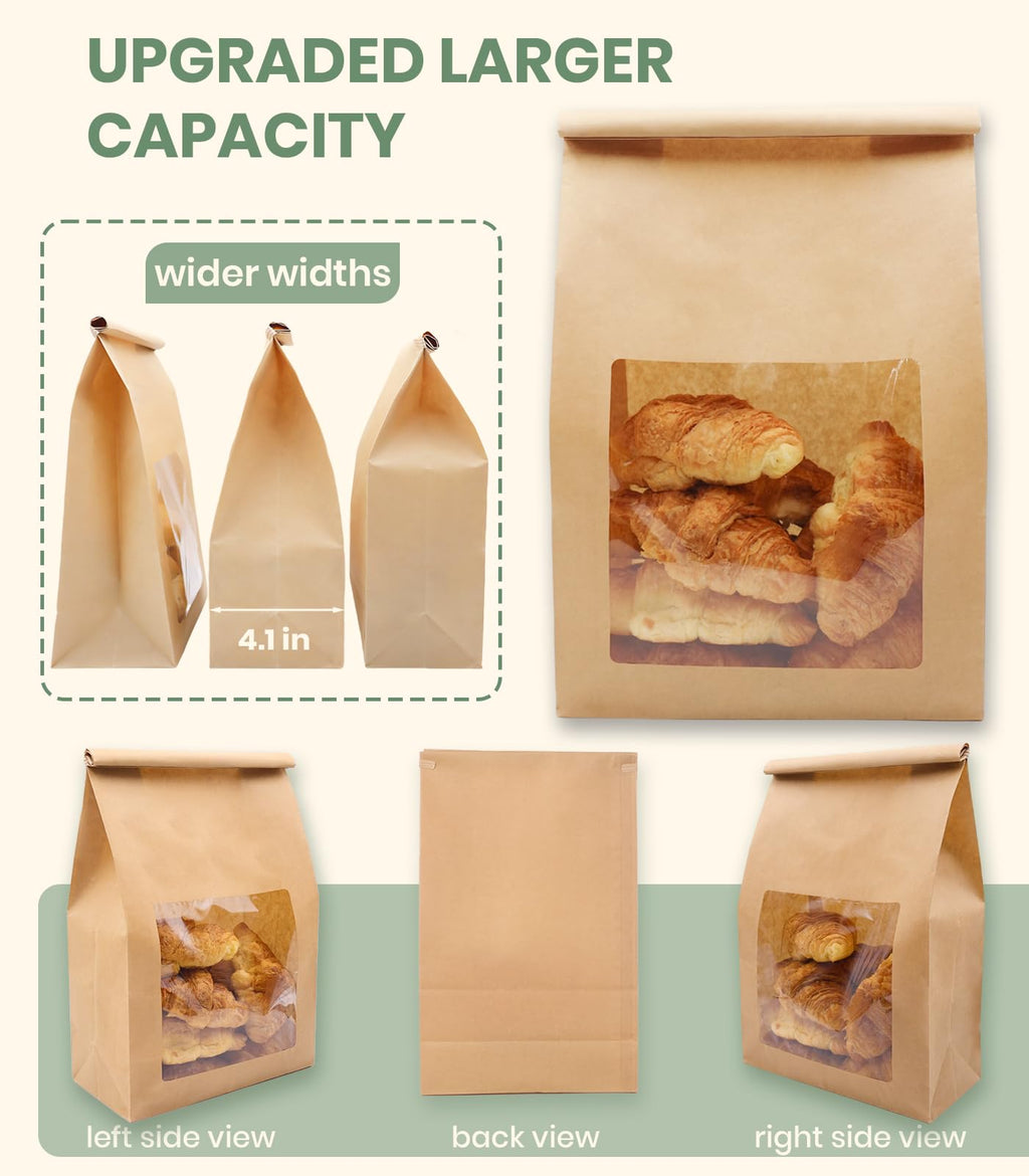 Perenllareta 50 Pack Heavy Duty Sourdough Paper Bags Resealable with Window for Round Loaf Selling | Large Thick Kraft Brown Bags for Homemade Bread Gift Giving Sour Dough Packaging 13.6x8.3x4.1in