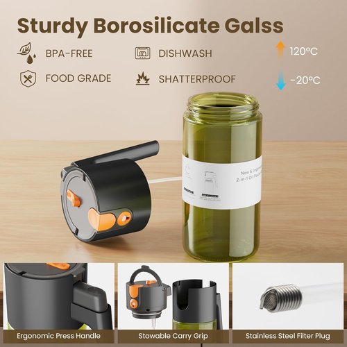 LAKUMIQI Oil Sprayer - 2 in 1 Cooking Dispenser with 17oz Light-Blocking Glass Bottle & Stickers