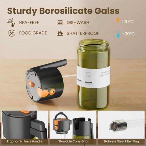 2026 Upgrade 2 in 1 Oil Sprayer for Cooking, 17oz Olive Oil Dispenser Bottle for Kitchen Gadgets with Stickers, Large Advanced Food Grade Light-Blocking Glass Spray Bottle for Salad, Air Fryer, BBQ