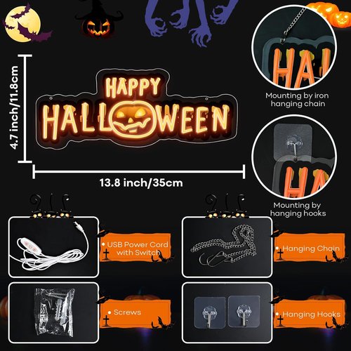 Happy Halloween Neon Sign - Dimmable Black & Orange LED Light for Spooky Party Decor | UV Printed Wall Art