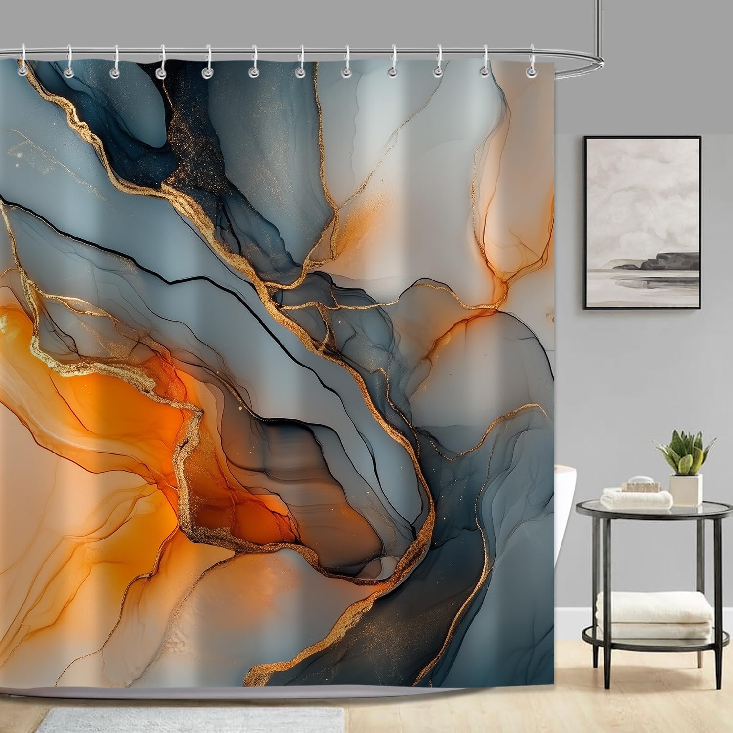 Moonslim Black Gold Marble Shower Curtains, Orange Grey Abstract Marble Shower Curtain, Modern Fabric Bath Curtain for Bathroom Decor Waterproof Cloth with Hooks 72X72 Inch