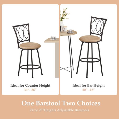 VECELO Bar Stools, 24/29" Adjustable Barstool,Swivel Counter Stool with Upholstered Seat,Steel Bistro Pub Chairs, Curved Line Backrest, Set of 2