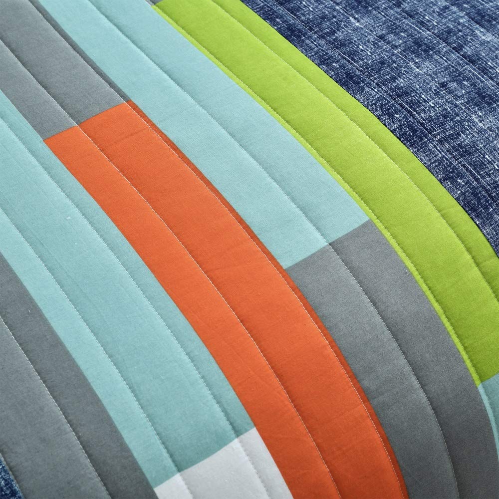 Lush Decor Shelly Stripe Quilt | Modern Geometric Pattern Reversible 3 Piece Bedding Set - Full/Queen - Navy & Orange