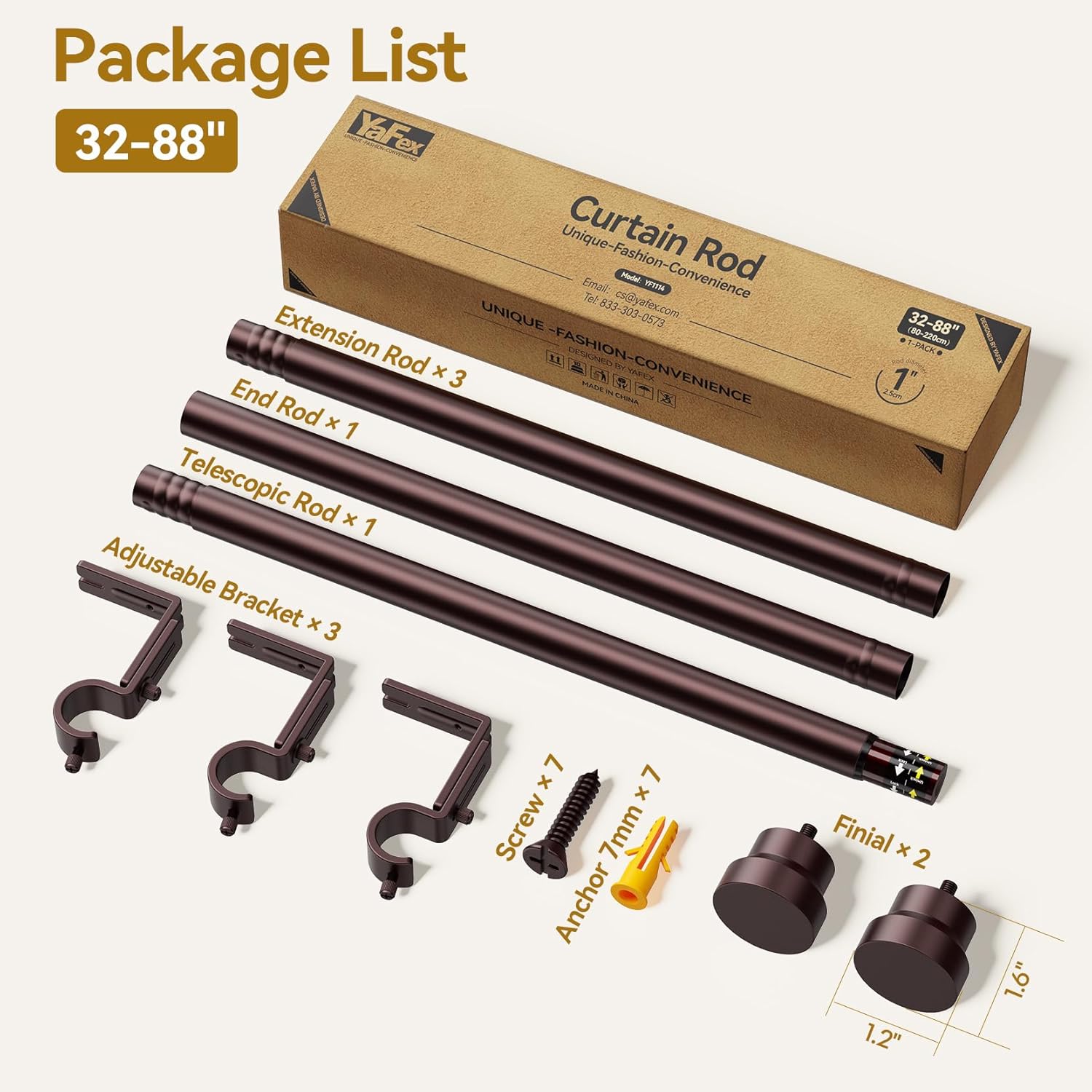 YaFex Curtain Rods - Heavy Duty 1 Inch Adjustable Window Treatment Rods | 32-84 Inch, Bronze Finish