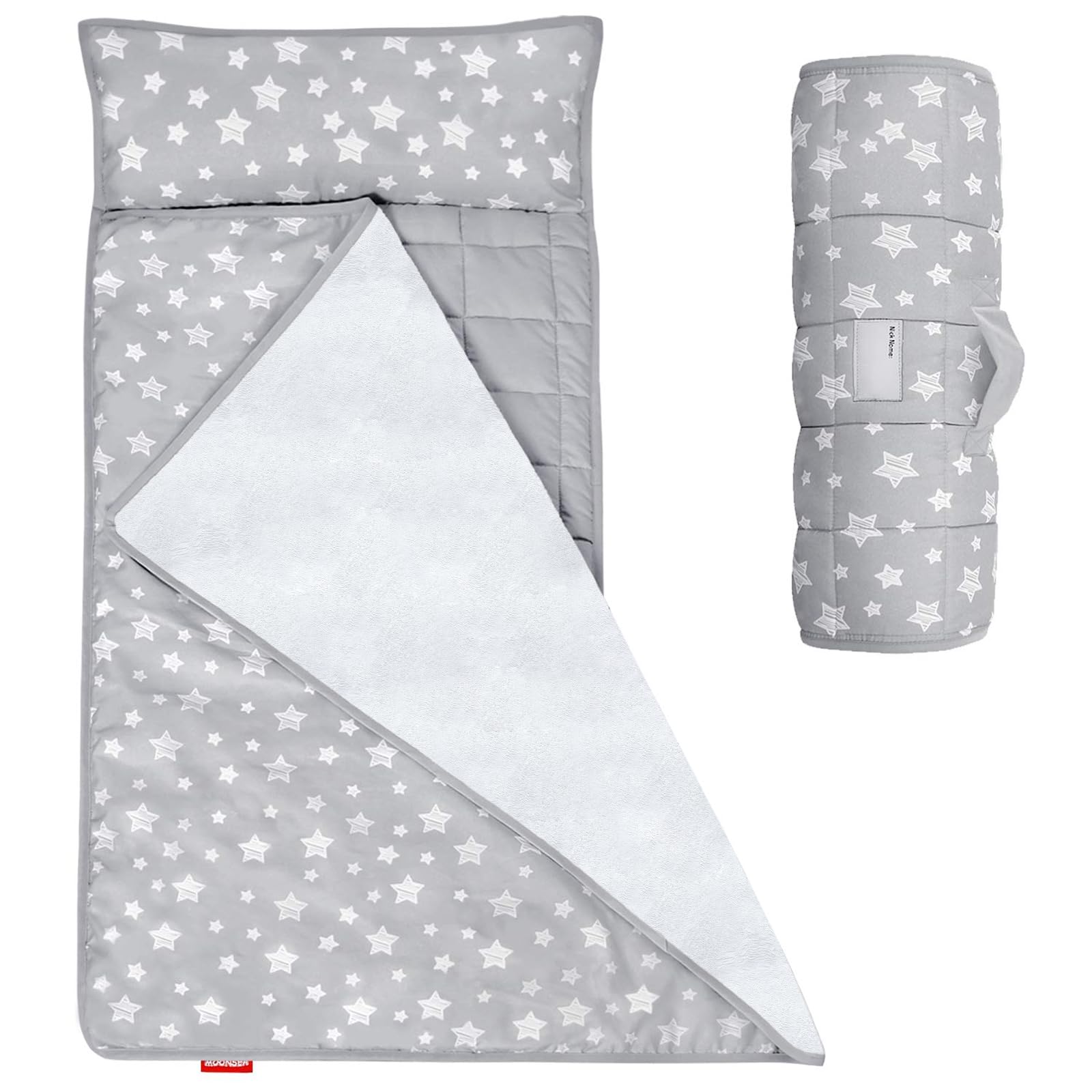 Moonsea Toddler Nap Mat with Pillow and Fleece Minky Blanket Grey, Lightweight and Soft Perfect for Toddlers Preschool, Daycare, Travel Sleeping Bag for Girls, 21" x 50" Fit on a Standard Cot