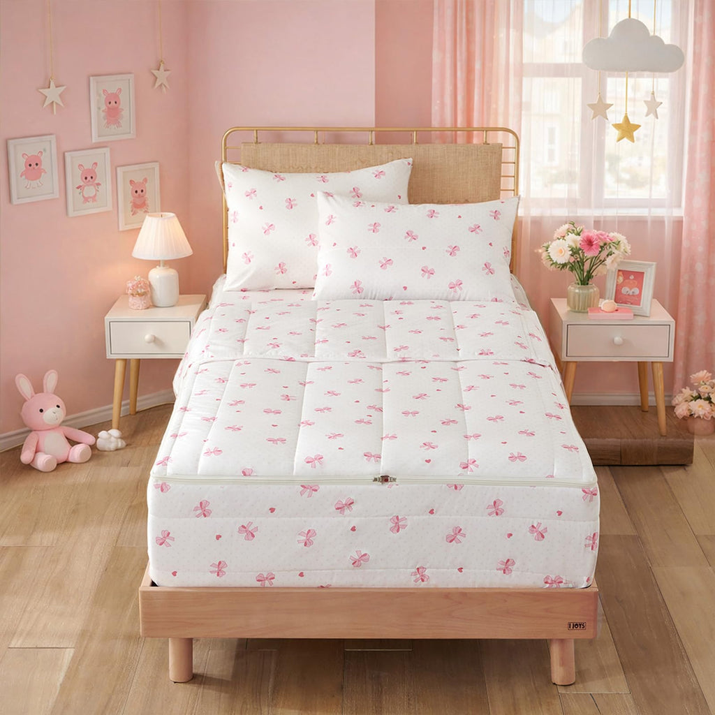 Erwinmu Kids Comforter Sets Bow Printed Zipper Bedding Sets for Girls, 3pcs Brown All in one Bed in a Bag, Easy to Make and Wash Includes Fitted Sheet and Pillow Sham, Twin