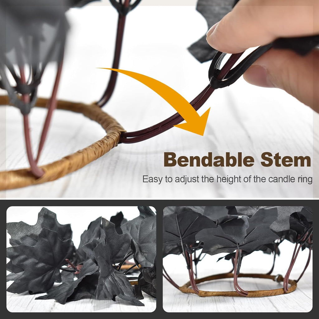 Skiennix 6Pcs Black Candle Rings - Halloween Maple Leaf Wreaths for Fall Table Centerpieces