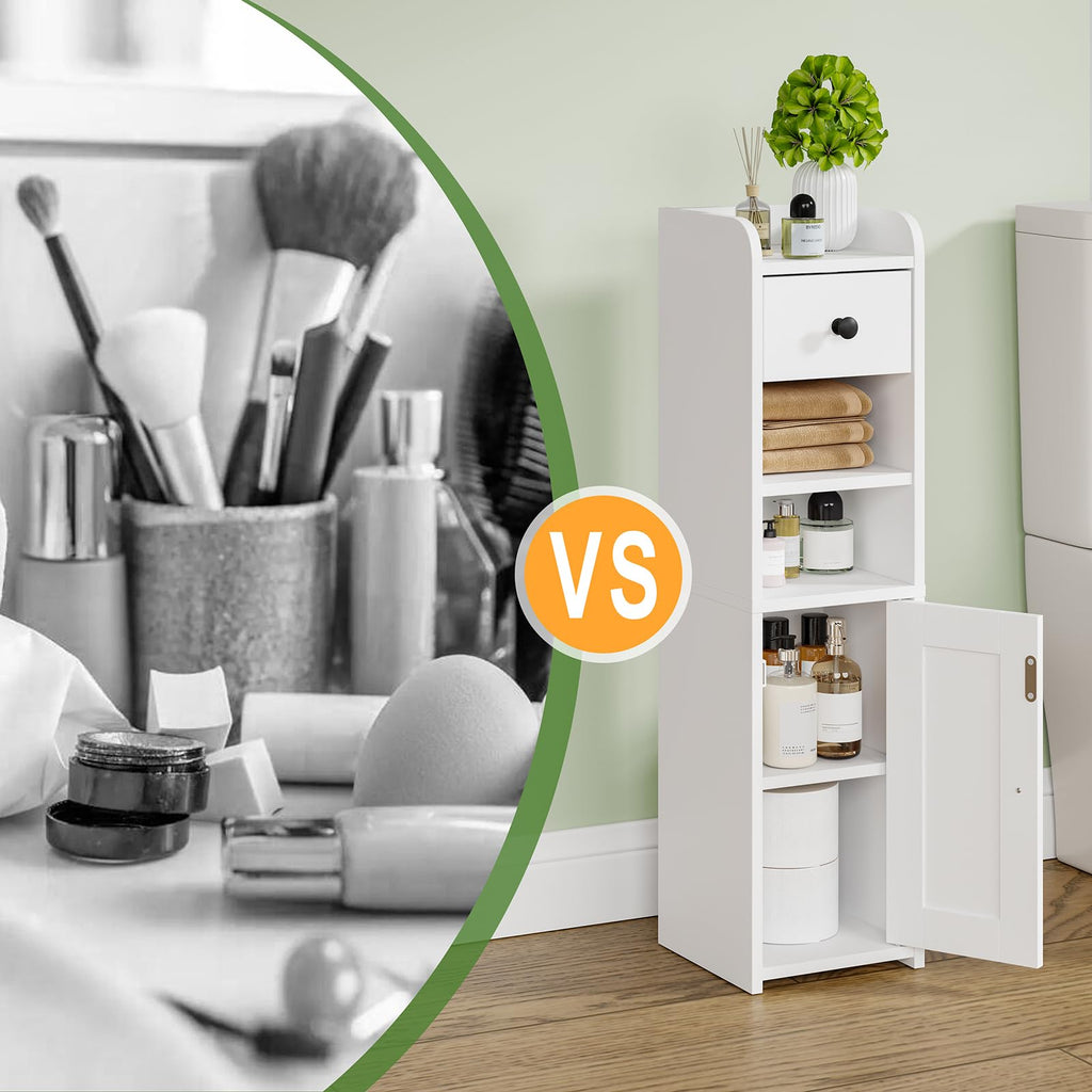Lomojo Small Bathroom Storage Cabinet,Narrow Toilet Paper Holder,Corner Floor Cabinet with Doors and Drawer for Small Space,Adjustable Shelf Organizer,7.75L*7.75D*29.6H,White