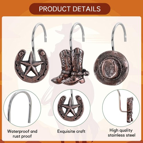 CTOHN 12-Piece Western Shower Curtain Hooks, Cowboy Stainless Steel Decorative Shower Hangers Rings for Country Farmhouse Bathroom Decor