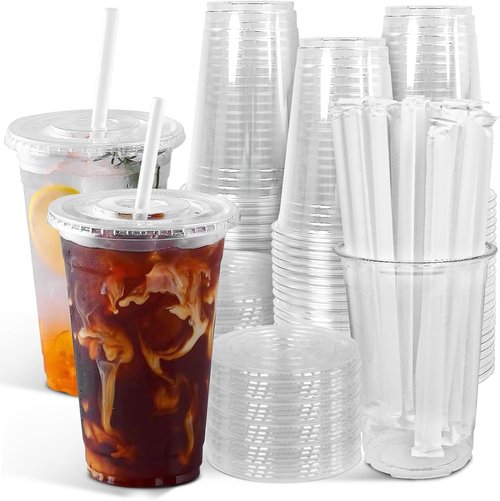 Ginkgo 20oz Clear Plastic Iced Coffee Cups - 100-Pack, Leak-Proof & Sturdy with Lids and Straws