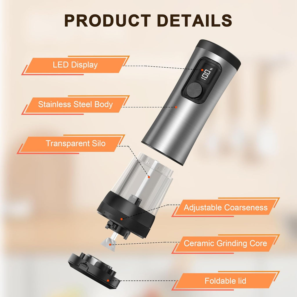 Skiennix Electric Salt and Pepper Grinder Set - Rechargeable Stainless Steel Mill with LED Light & 100ml Capacity