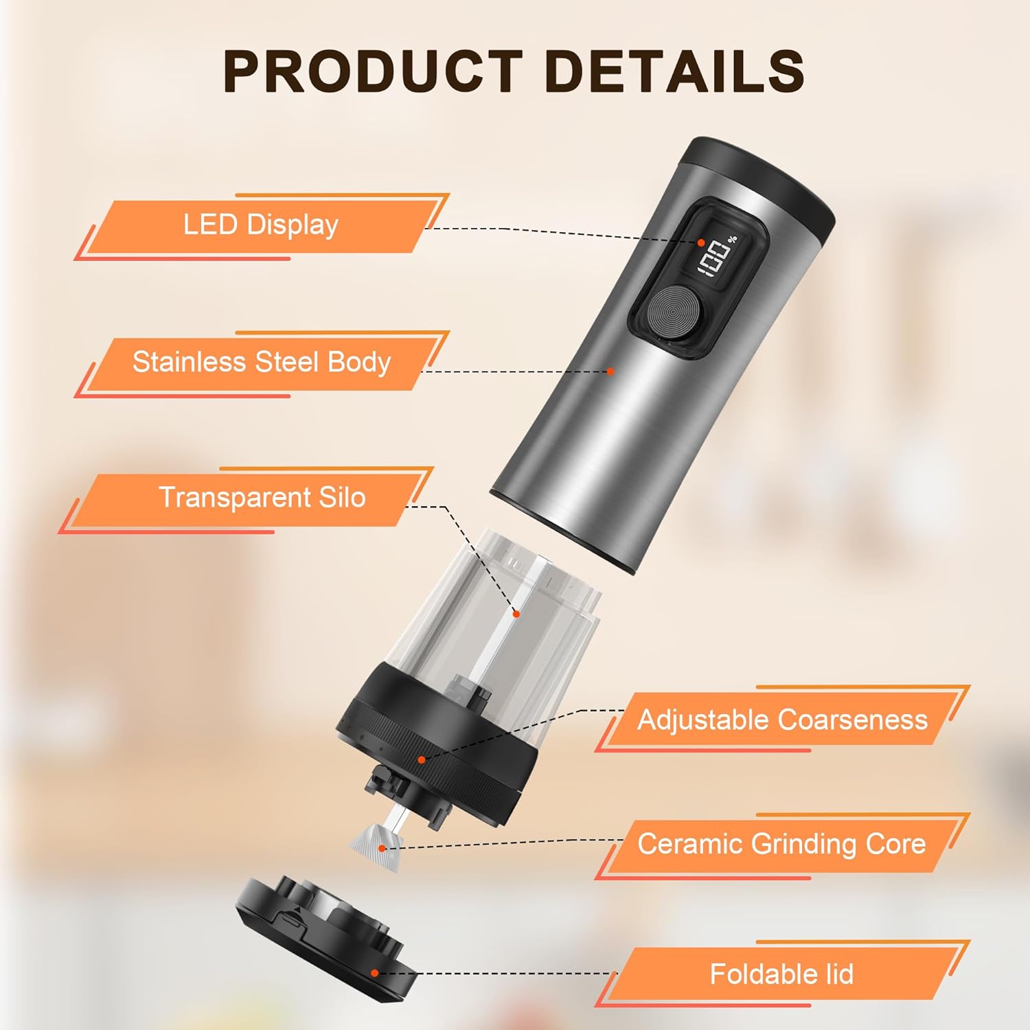 Skiennix Electric Salt and Pepper Grinder Set - Rechargeable Stainless Steel Mill with LED Light & 100ml Capacity