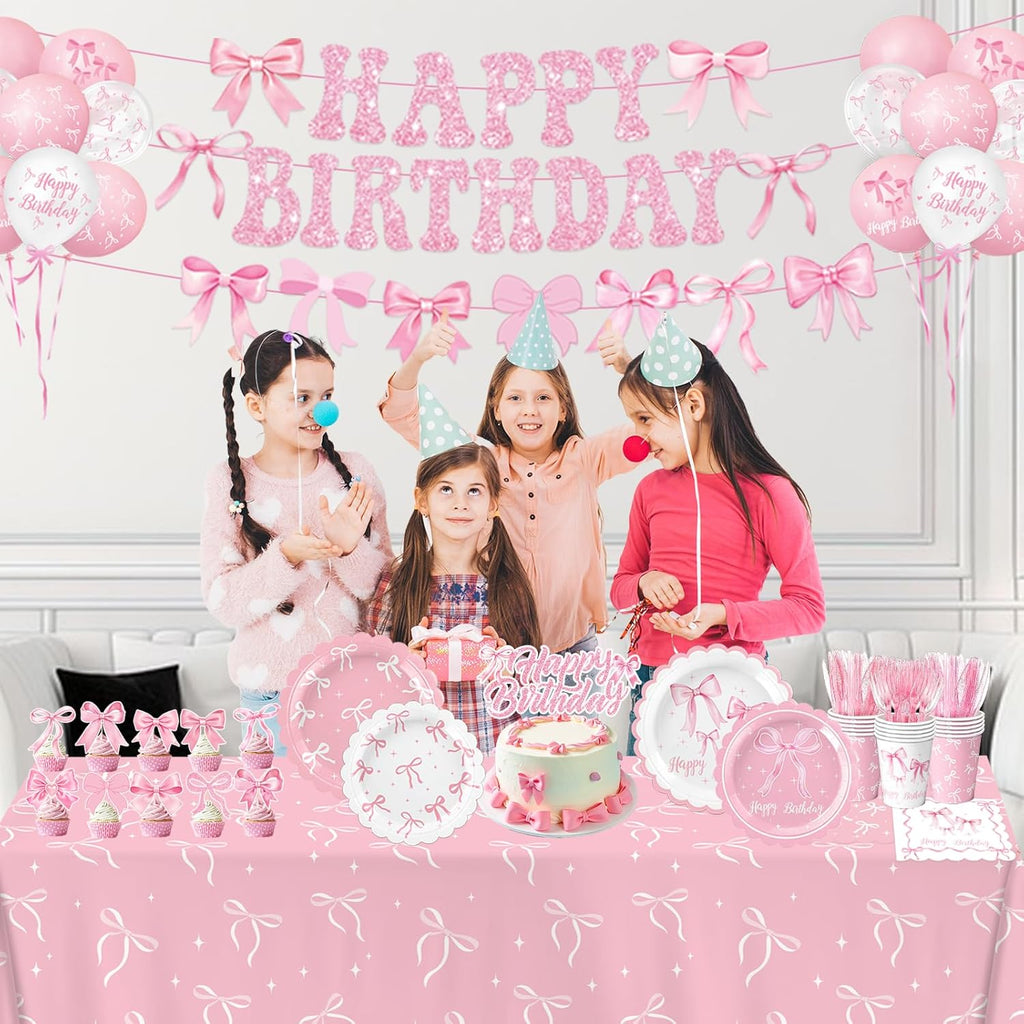 Pink Bow Birthday Decorations - Complete Party Set with Plates, Napkins, Cups & Balloons | Serves 20