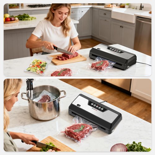 Bonsenkitchen Vacuum Sealer Machine, Built-in Cutter | Bag Storage, Multifunctional Food Sealer for Sous Vide & Meal Prep, 1 Roll Bag & 5 Pre-Cut Bags, Black-Stainless Steel