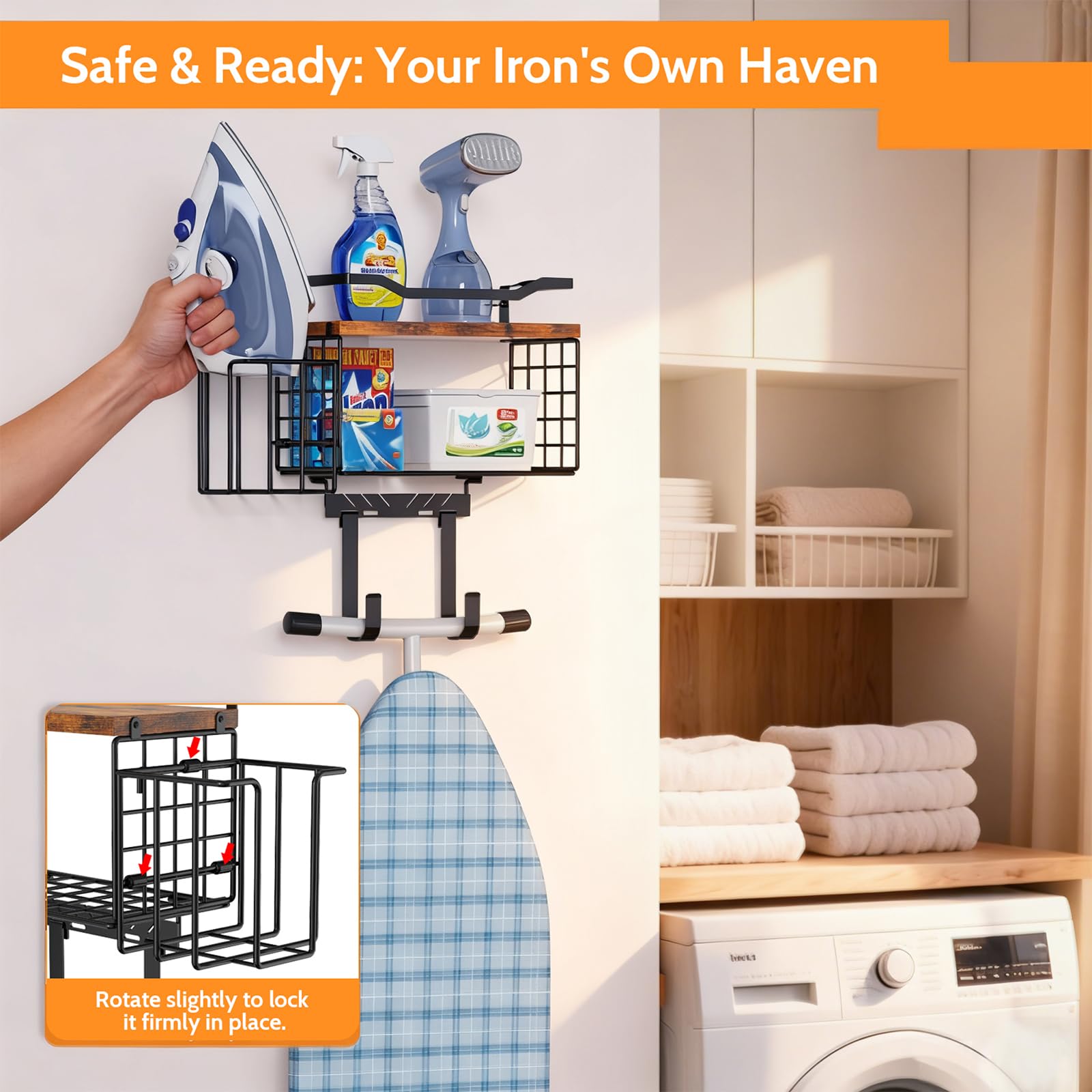 Ironing Board Hanger Wall Mount, 2-Layer T&Y Iron Board Holder with Ironing Caddy, Metal Ironing Board Holder Storage Organizer, Floating Wood Shelf for Laundry Room Decor Accessories Organization