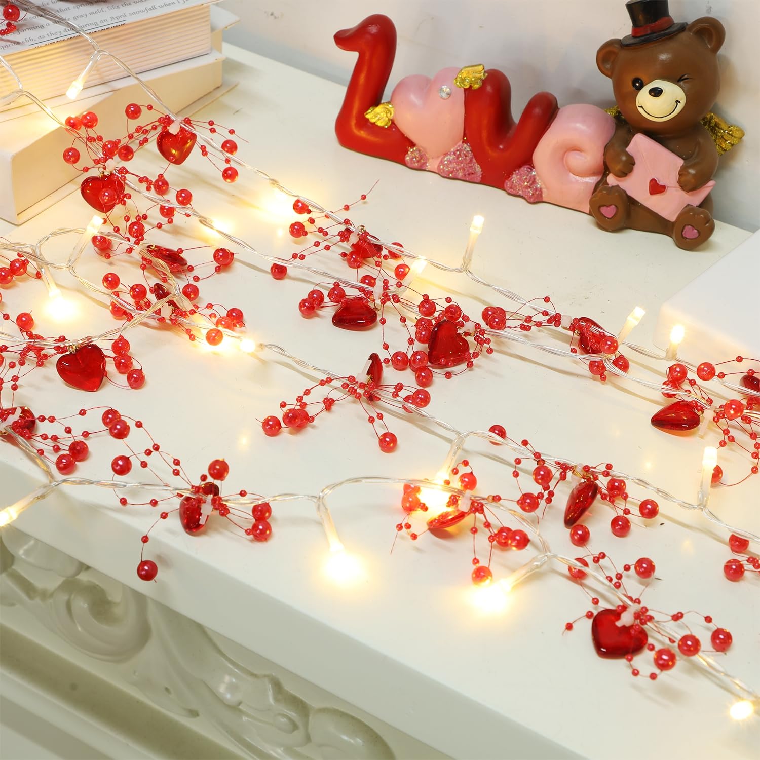 Ridota Valentine Decorations 10 FT Fairy String Lights, 30 LEDs Red Berry Beaded Heart Shaped String Lights, Battery Operated Valentine Lights for Mother's and Father's Day, Wedding, Proposal (2)