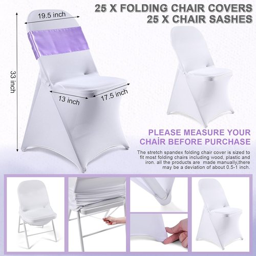 Lounsweer Folding Chair Cover Set - 50 Pcs with 25 Stretch Spandex Slipcovers & Satin Sashes | Wedding & Party Decor (White, Lavender)