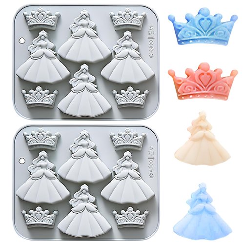 3D Silicone Crown Fondant Molds, 2 Pcs Princess-style Crown and Dress Shaped Baking Molds for Chocolate, Candy, Cookie, Jelly, Cupcake Topper, 7.13 x 5.63 Inches