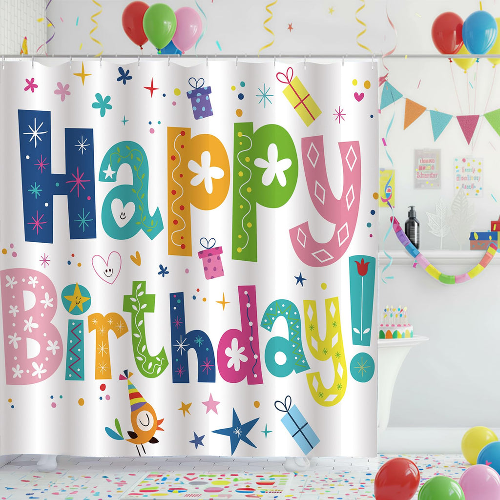 ZCHOMI Happy Birthday Shower Curtain Kids Birthday Party Rainbow Shower Curtains for Bathroom Waterproof Polyester Fabric Bathroom Curtain 72 x 72 Inch with 12 Plastic Hooks
