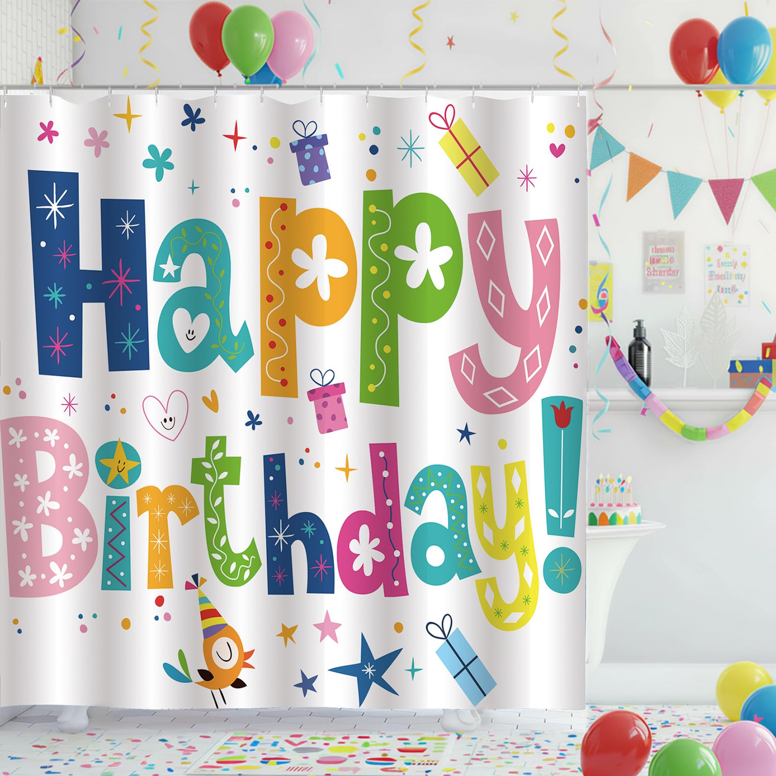 ZCHOMI Happy Birthday Shower Curtain Kids Birthday Party Rainbow Shower Curtains for Bathroom Waterproof Polyester Fabric Bathroom Curtain 72 x 72 Inch with 12 Plastic Hooks