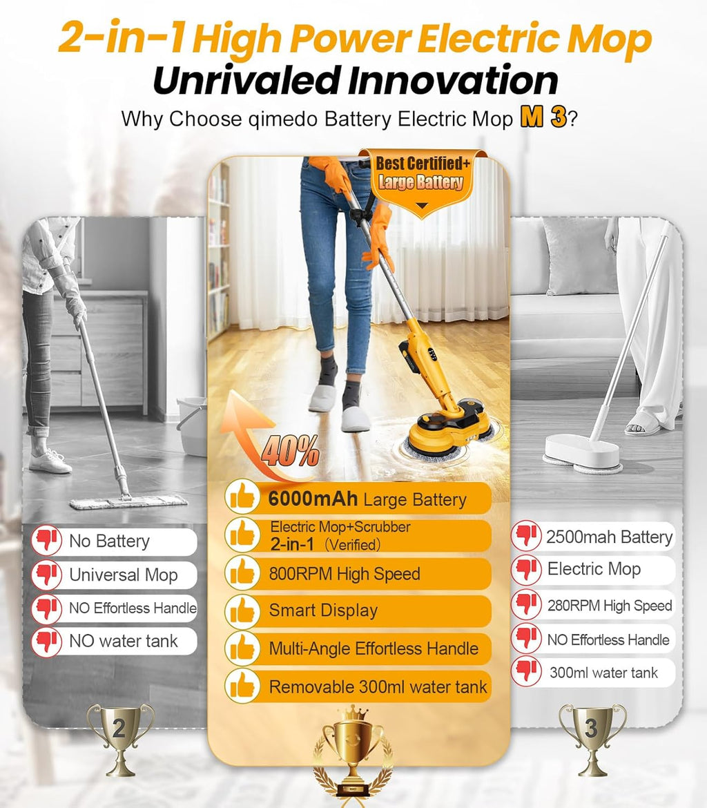 Qimedo 6000mAh Cordless Electric Mop - Powerful 800RPM Spin Scrubber with Smart Display & LED Light