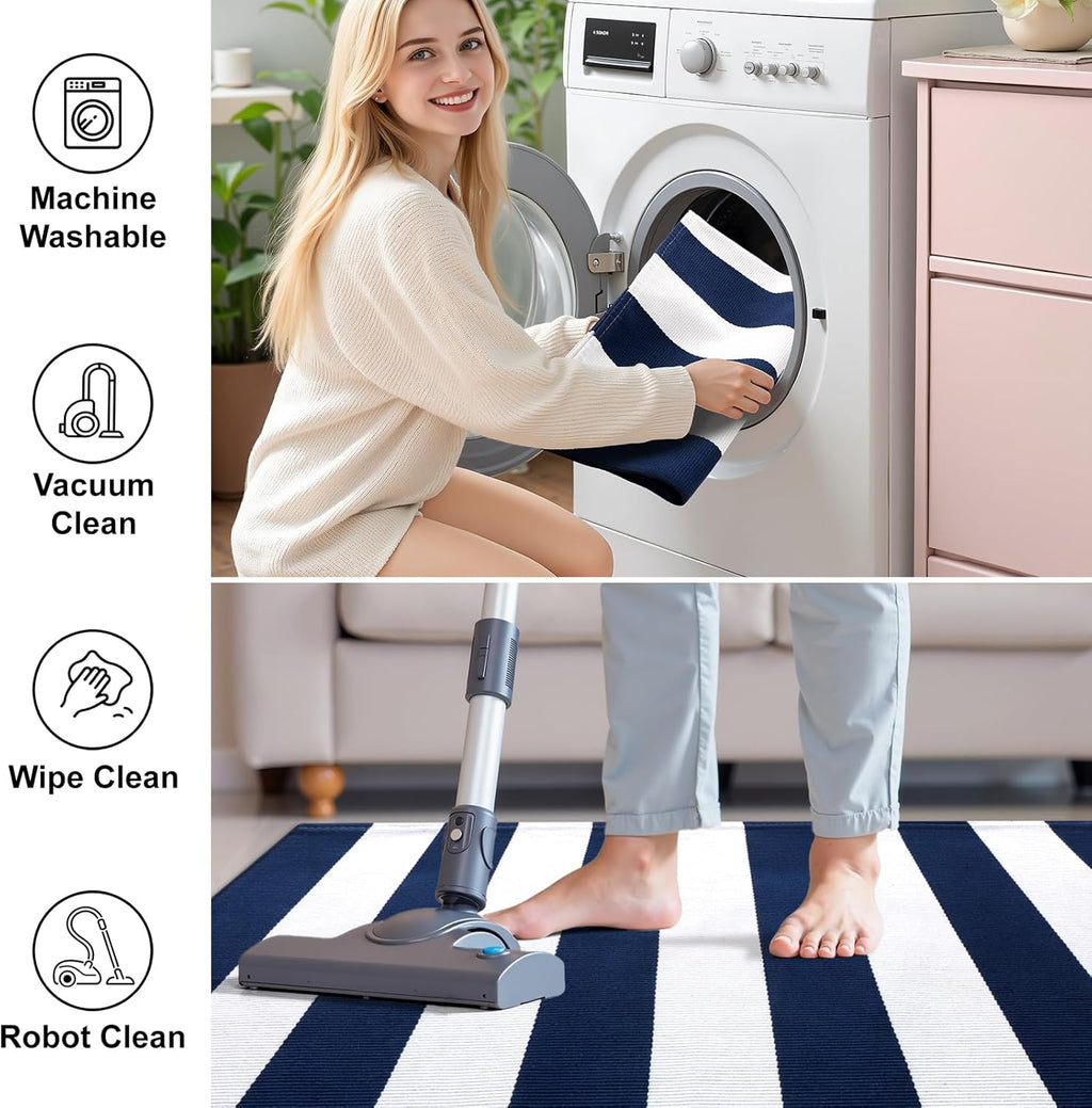 OLANLY Striped Rug - Navy & White Washable Cotton Doormat | 2'4" x 3'7" for Indoor & Outdoor Use