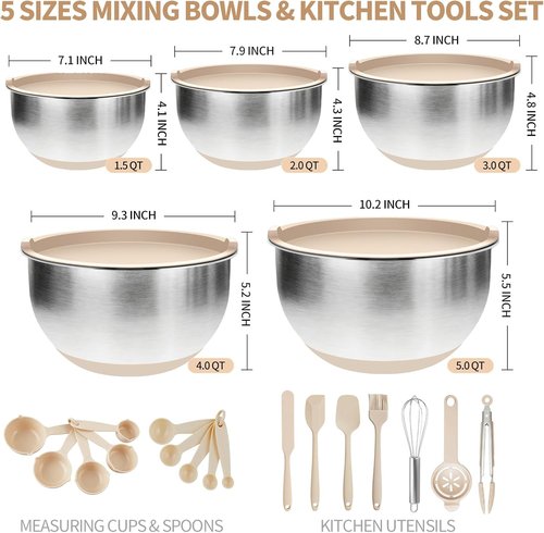 Deedro Premium Mixing Bowls Set - 22 Pcs Thicker Stainless Steel with Airtight Lids | Non-Slip Silicone Base, Khaki