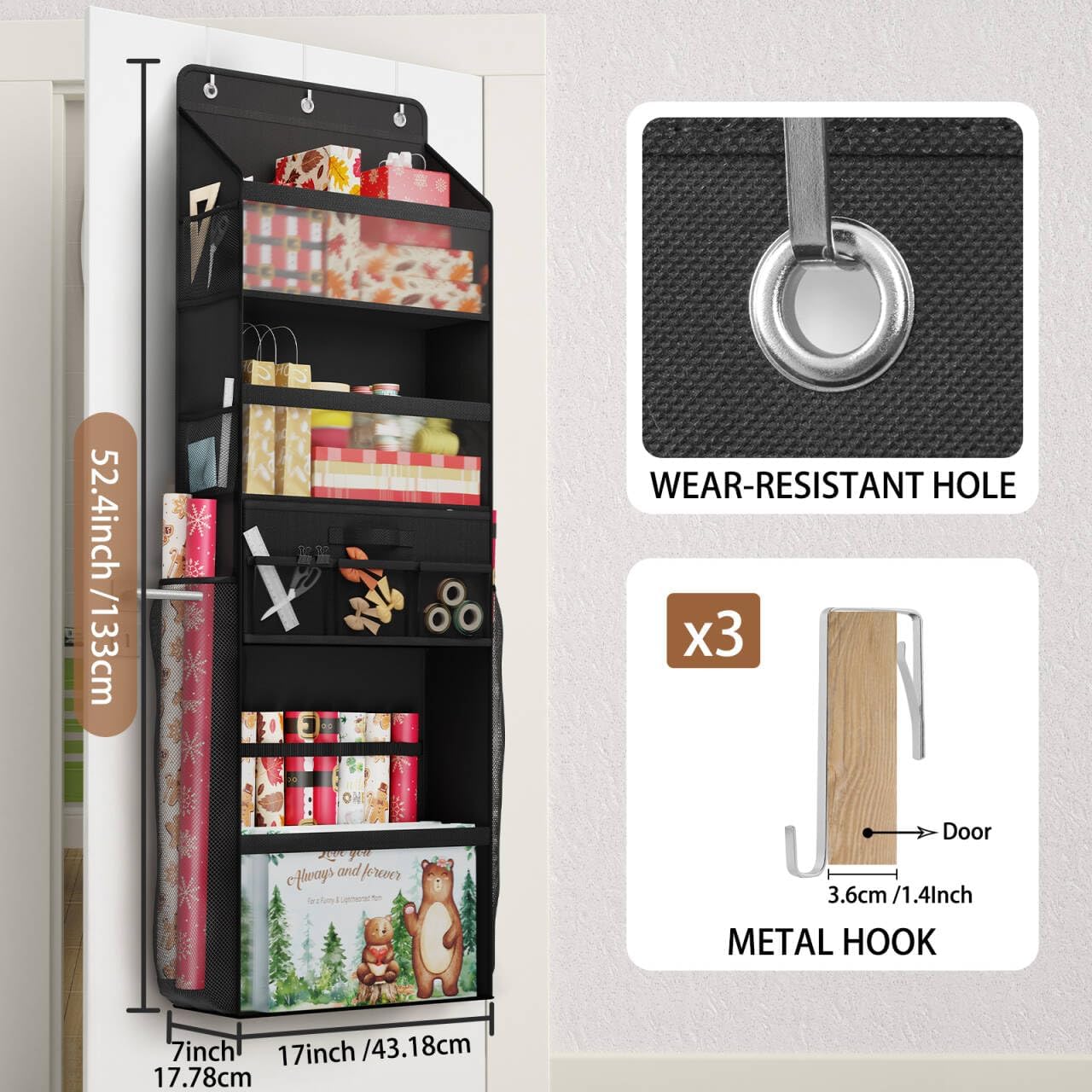 Skiennix Over Door Wrapping Paper Organizer - Multi-Purpose Storage with Removable Drawer & Pockets