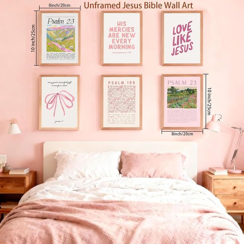 Christian Canvas Wall Art by Pink - Set of 6 Bible Verse Prints | Trendy Religious Decor for Girls' Room
