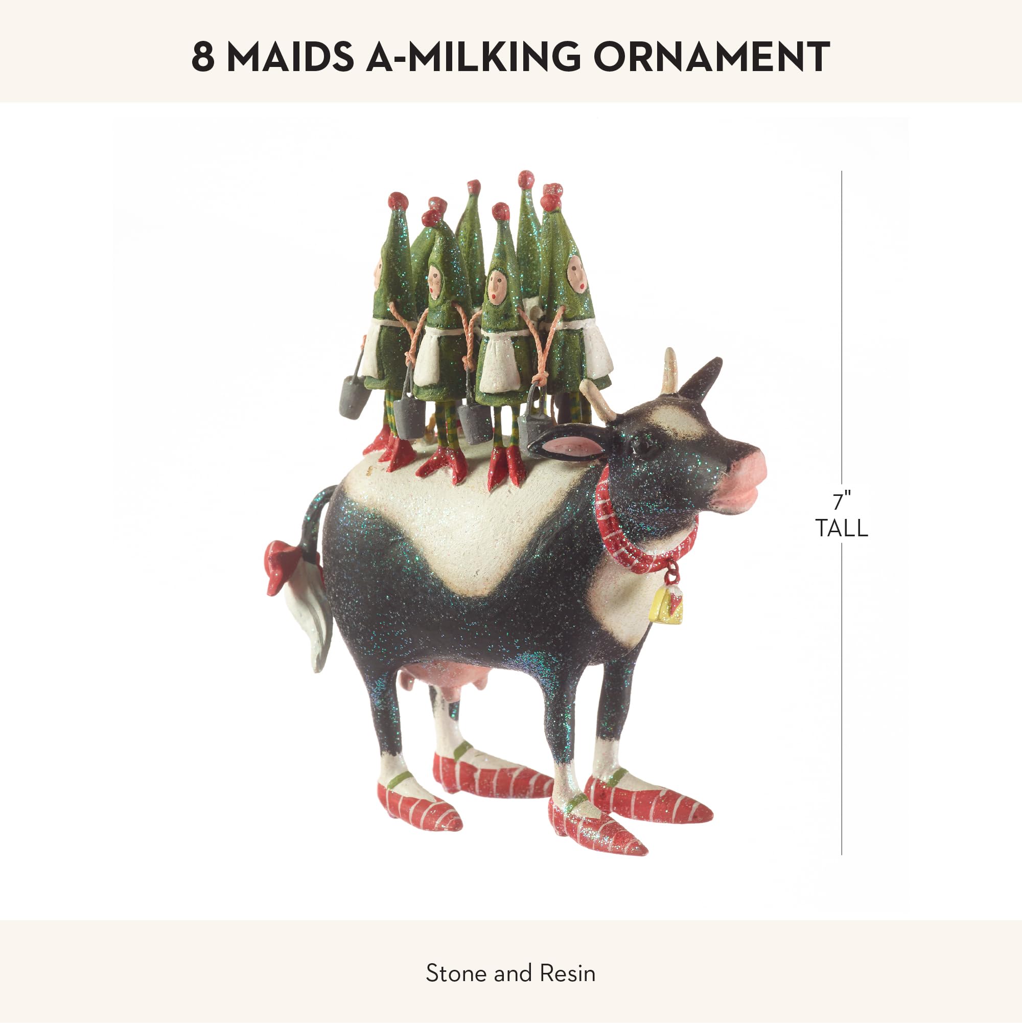 MACKENZIE-CHILDS Patience Brewster 12 Days Christmas Ornament, Decorative Hanging Ornament for Christmas Tree, 8 Maids a-Milking