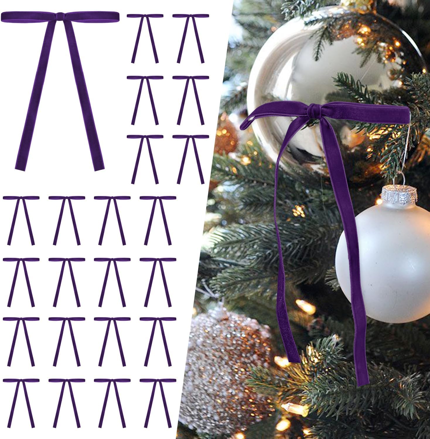 SIMISI Ribbon - 24 Pcs Purple Velvet Christmas Bows | Vintage Decor for Tree, Wreath & Garland (3/8'' Width)