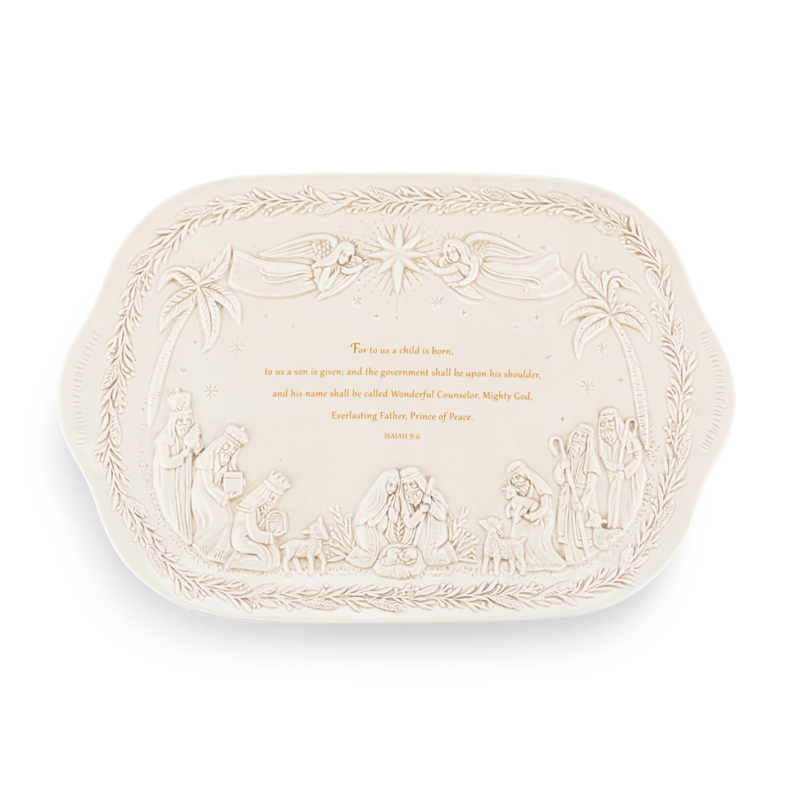 DEMDACO Christmas Journey Nativity Scene White 18 x 12 Inch Earthenware Faith, Religious, Large Rectangular, Decorative Holiday Tabletop Décor, Serving Dish Plate Platter, A Child is Born