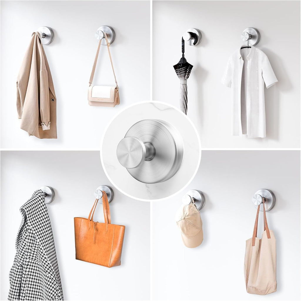Skiennix Suction Cup Hooks - Removable Bathroom Shower Wall Holders for Towels & Wreaths | Silver (2 Pack)