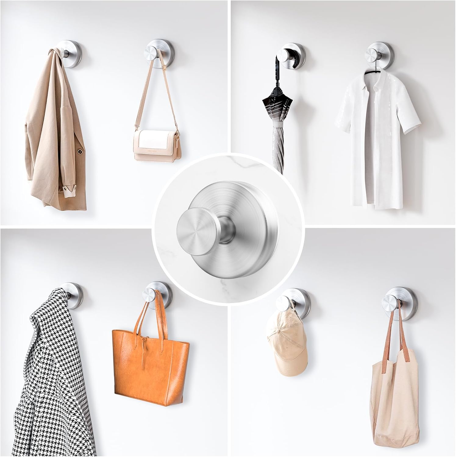 Skiennix Suction Cup Hooks - Removable Bathroom Shower Wall Holders for Towels & Wreaths | Silver (2 Pack)