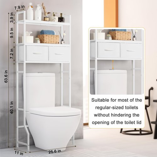 ETELI Over The Toilet Storage Cabinet with Fabric Drawers 3-Tier Over Toilet Bathroom Organizer Behind Toilet Bathroom Shelf Organizer with 4 Hooks Freestanding Bathroom Space Saver White