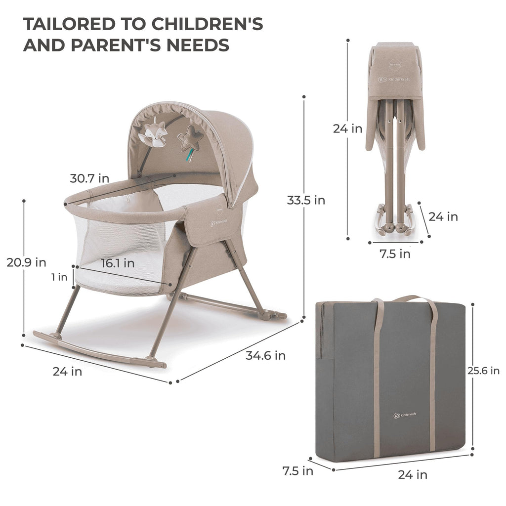 Kinderkraft LOVI Travel Bassinet for Baby, Portable Folding Baby Bed with Built-in Mosquito net, Adjustable Hood and an Additional Cradle Function, Beige
