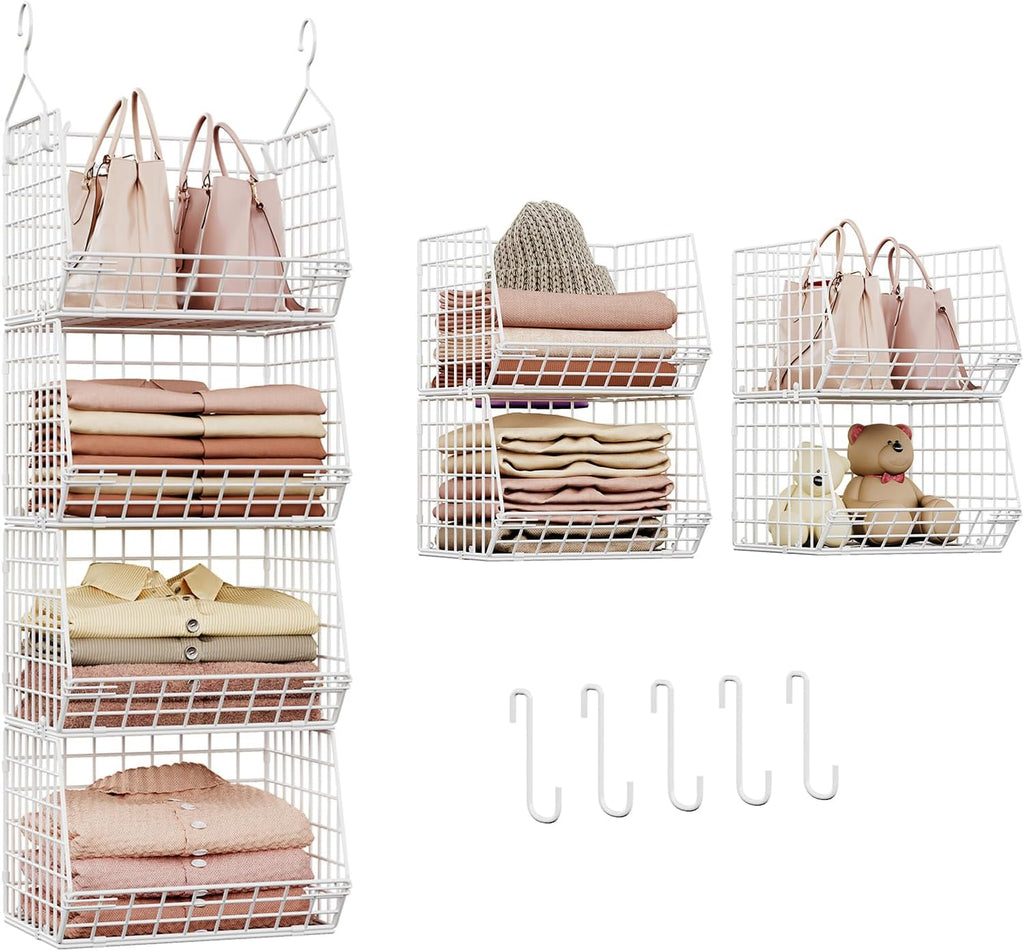 X-cosrack 4-Tier Closet Organizer - Foldable Shelving with Hooks & Wire Storage Baskets | Patent White
