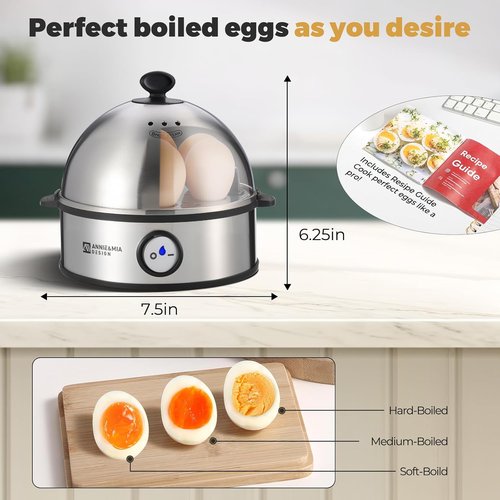 Annie & Mia Design Electric Egg Cooker - Stainless Steel 7 Egg Capacity, Multi-Function Poacher & Steamer