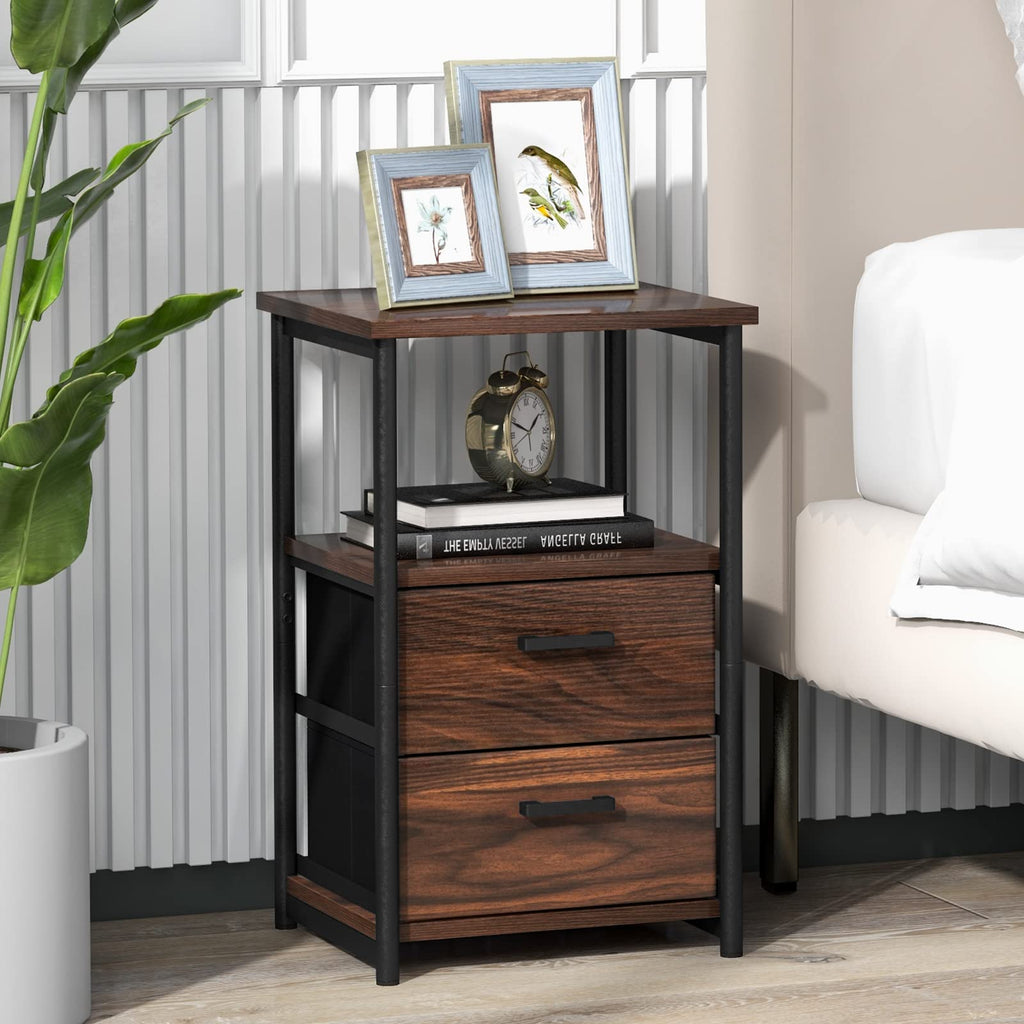 COSTWAY Nightstand with 2 Fabric Drawers, 3-Tier Bedside Sofa Side Table with Open Shelf, Metal Frame, Industrial End Table for Bedroom, Living Room, Dormitory, Walnut