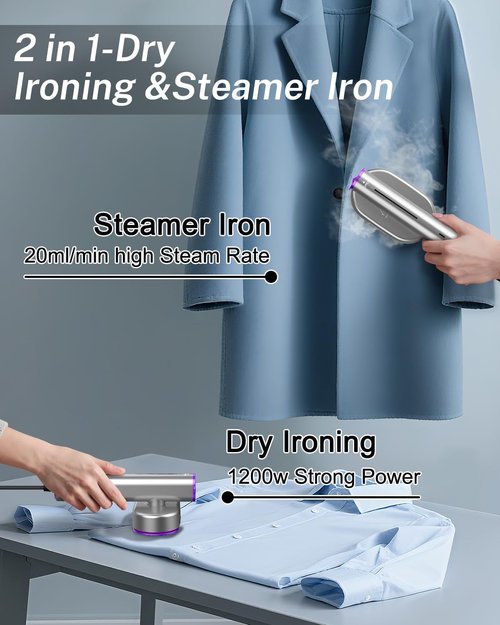 ELORTI Travel Clothes Steamer - Handheld Mini 2-in-1 Iron with 10s Fast Heat-Up, 1200W, Purple