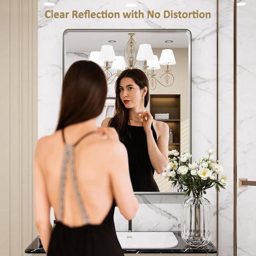 LOAAO Brushed Nickel Bathroom Mirror - 28X36 Inch Rounded Rectangle Design | Anti-Rust & Shatter-Proof