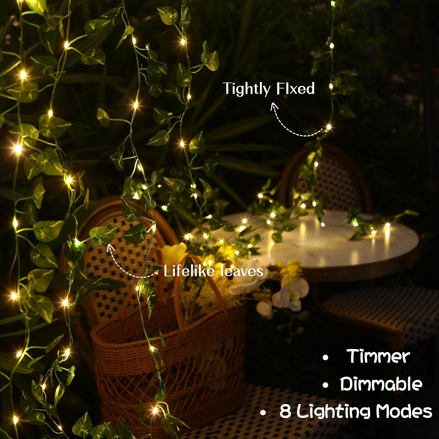 Skiennix 40ft LED Vine String Lights - 120 Fairy Lights with Timer & Remote | USB & Battery Operated - Warm White