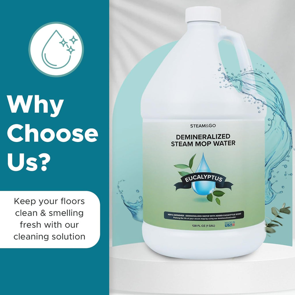 Steam & Go Demineralized Water - Ready-to-Use Multi-Surface Cleaner | Eucalyptus Mint, 128oz